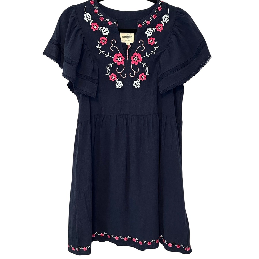 Umgee Navy Blue Floral Embroidered Dress Flutter Sleeve Lace Trim‎ Small NWT